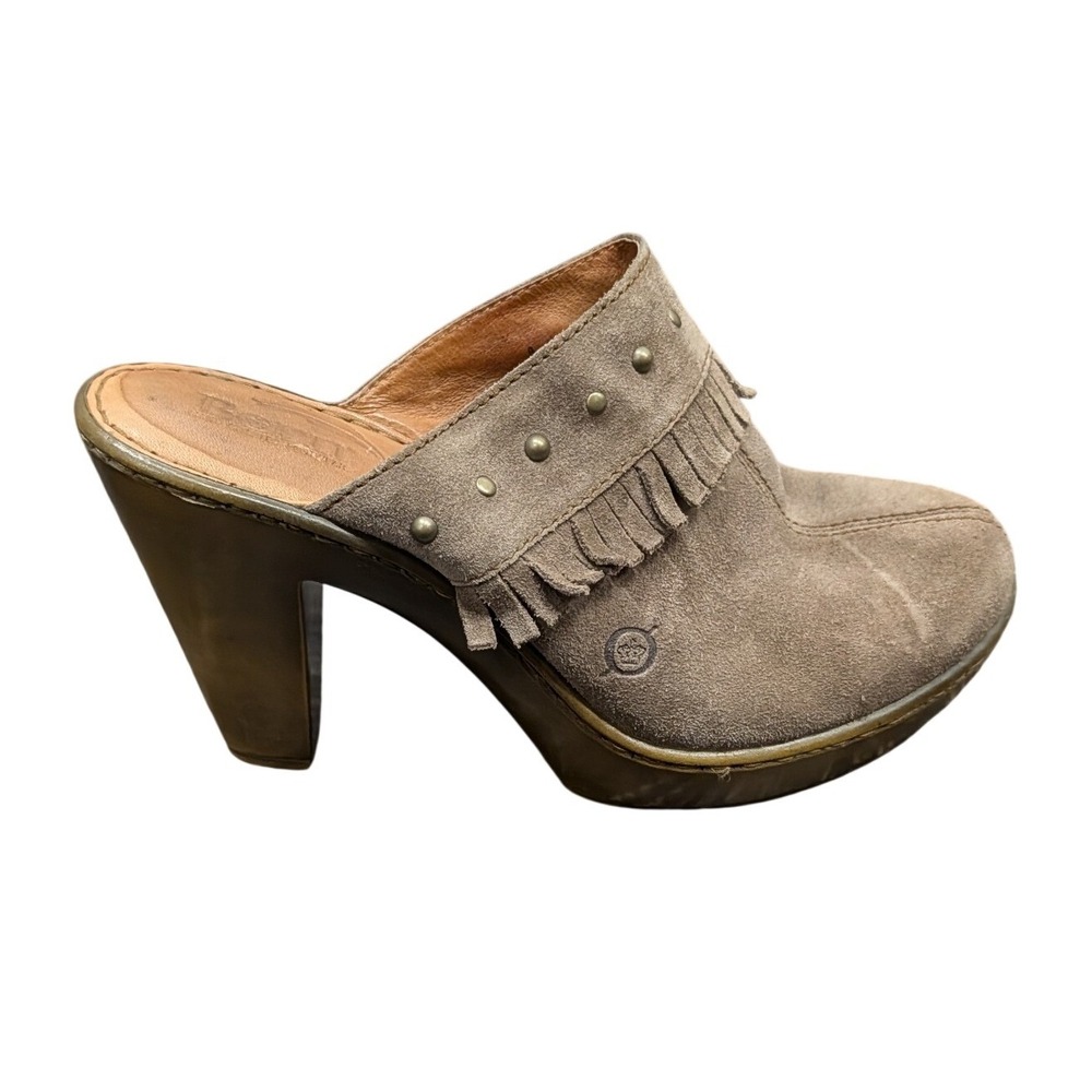 Born Women's Taupe Suede Fringe Studded Platform Clogs Mules- Size 8
